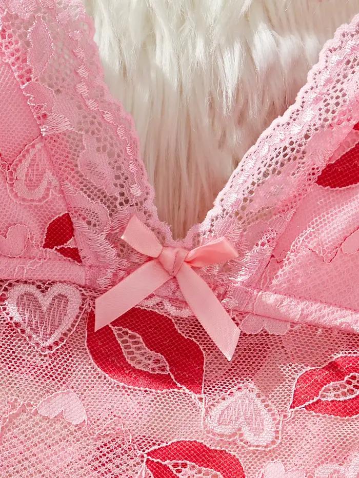 Chemise de nuit rose à imprimé lèvres pour femmes, élégante et confortable, lingerie de nuit avec nœud