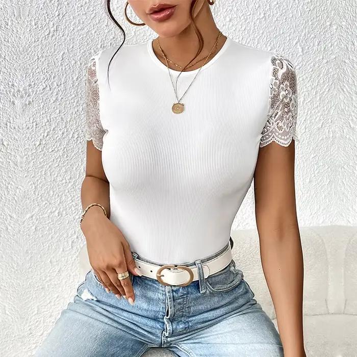 Body moulant sexy en dentelle à manches courtes pour femme, noir et blanc, col rond, une pièce côtelée, style Y2K