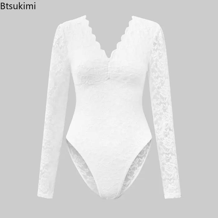 Combinaison sexy en dentelle pour femme 2026, couleur unie, manches longues, corset transparent, haut à volants, col en V, transparent, coupe ajustée, nouvelle collection automne