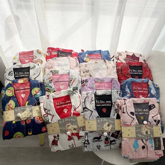 Ensemble de pyjamas en coton imbibé pour femmes, vêtements de nuit College de dessin animé, vêtements de détente à manches longues, vêtements pour la maison, automne, fjSet, nouveau, 2024, 2 pièces