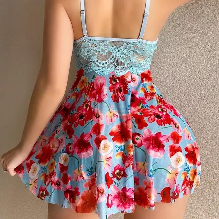 Nouvelle Robe de Nuit Sexy pour Femme, Imprimé Floral, Lingerie Romantique, Vêtements de Nuit Attrayants, Pyjama d'Été, Babydoll Intime