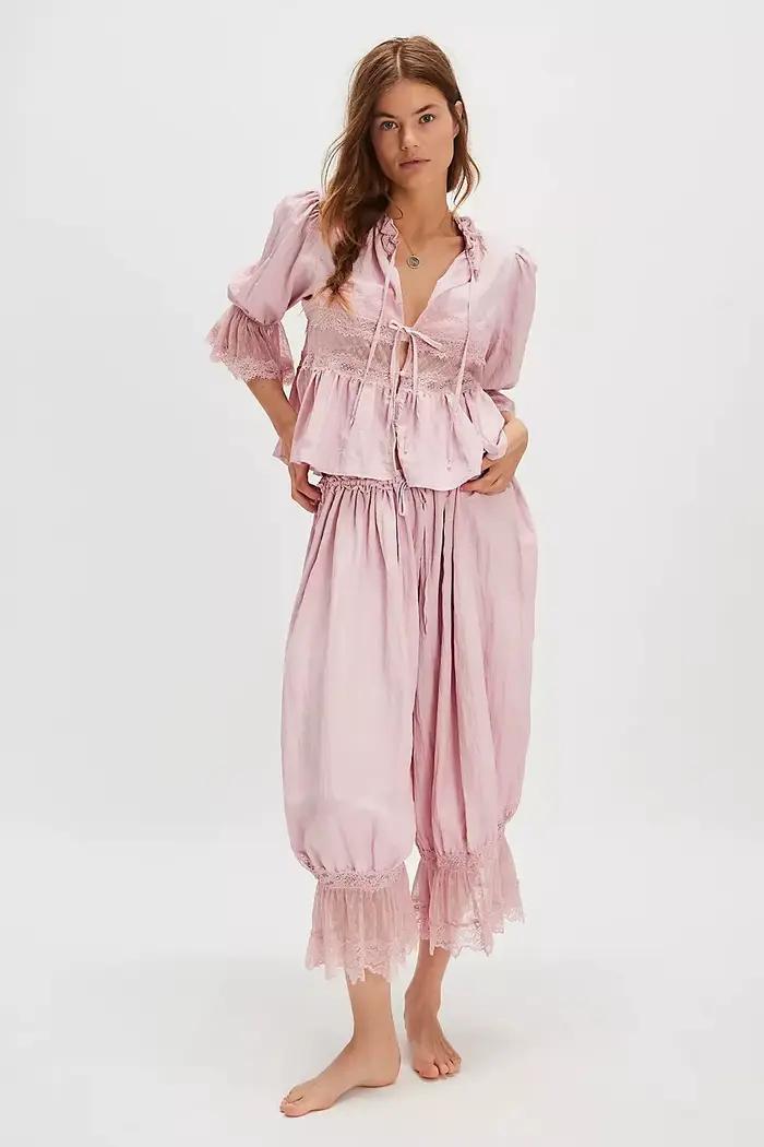 Pantalon Bloomers pour Femme Y2K avec Dentelle, Pantalon Vintage à Volants Mignon, Pantalon Long Coupe Citrouille, Bas de Pyjama Capri, Tenue Décontractée Streetwear