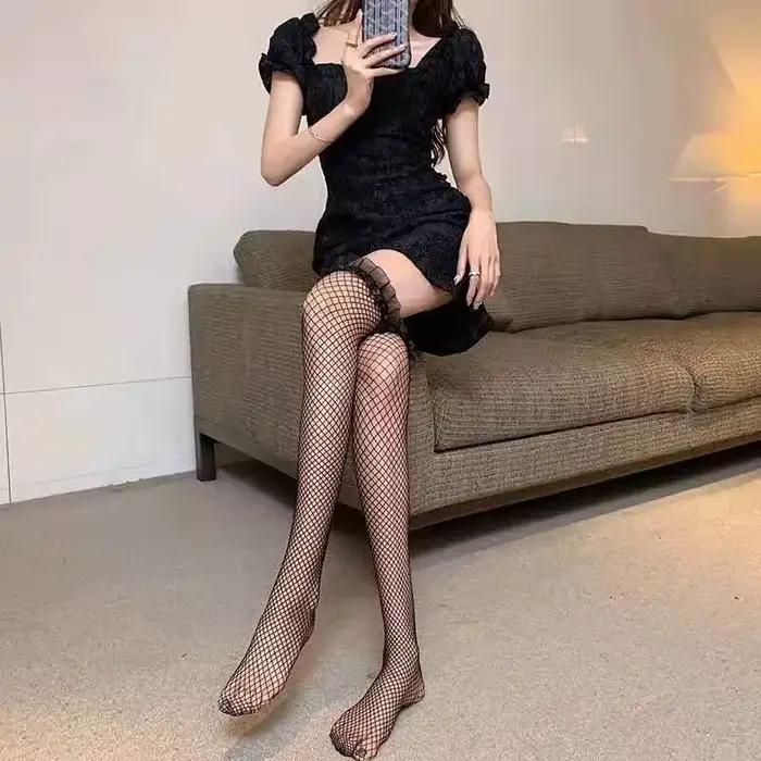 Bas de corps évidés en résille de dentelle sexy pour femmes, cuisse haute sur le genou, chaussettes longues en nylon, bonneterie Anime Lolita, gaze transparente