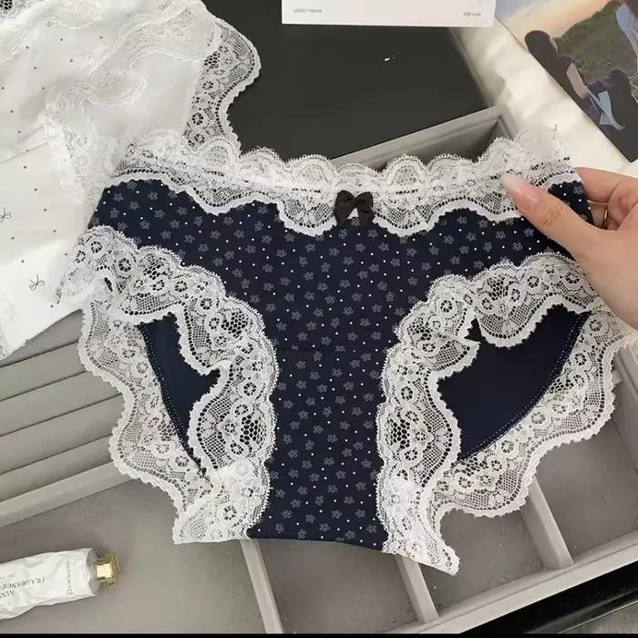Culottes en dentelle taille moyenne à motif floral, à pois et à carreaux, avec nœud tulipe, en coton pour femme