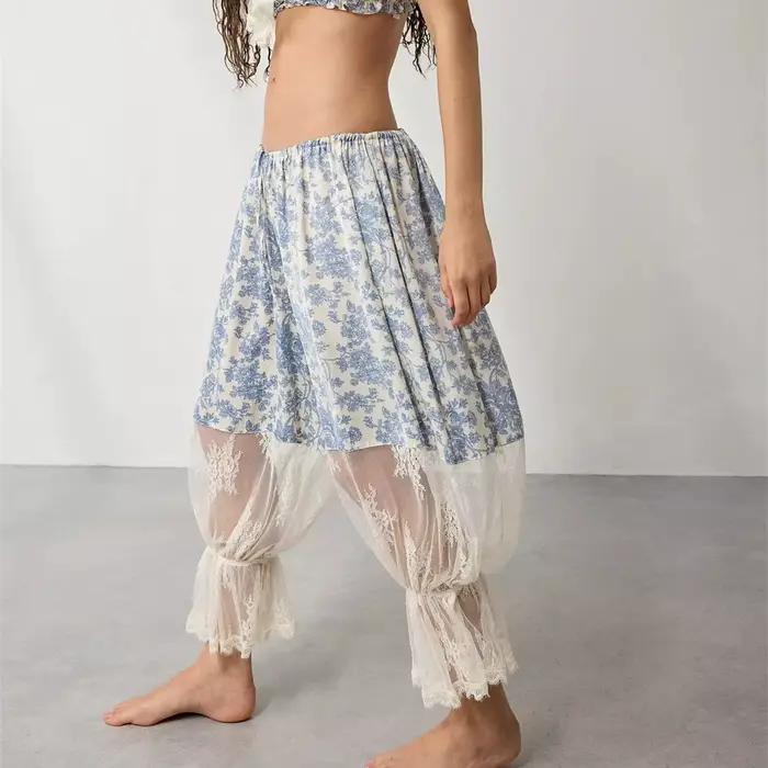 Pantalon Long bouffant pour femmes, garniture en dentelle, Capri Lounge Pjs, jupon Y2K, bas de pyjama, pantalon citrouille, Streetwear Y2K