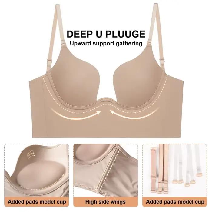 Soutien-Gorge Invisible avec Bretelles Transparentes pour Femme, Sous-Vêtement Sexy à Décolmétrage Plongeant en U Profond, Haut Dos aux, Lingerie de Mariage, Push Up