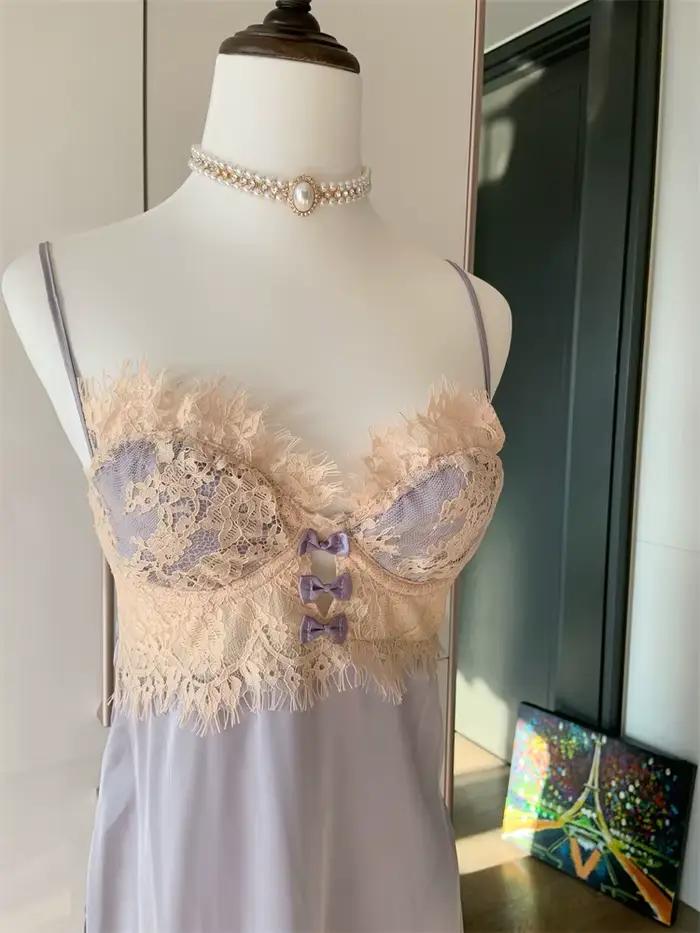 Vêtements de nuit violets pour dames, chemise de nuit à bretelles, Lingerie Sexy, cils en dentelle, pyjama en soie glacée, chemises de nuit de cour