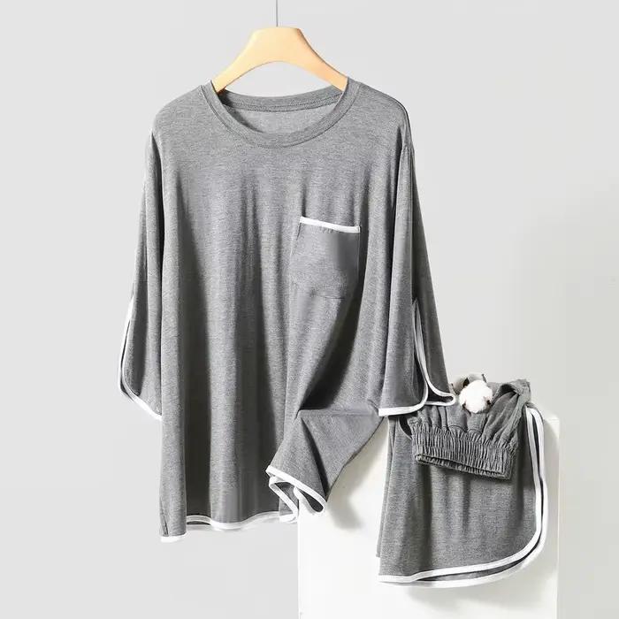 Pyjama en modal pour femmes, pyjama printemps-été, col rond, pantalon ample à manches 3/4, ensemble de vêtements de maison, ensemble de pyjama deux pièces