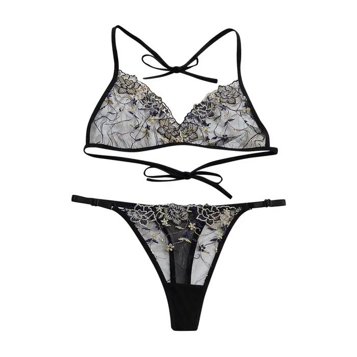 Français Sexy Dentelle Sous-Vêtements Érotiques Tenue Maille Brodée 2 Pièces Ensemble De Lingerie Pour Femmes Col Suspendu Soutien-Gorge Et Tongs tру zesіночі