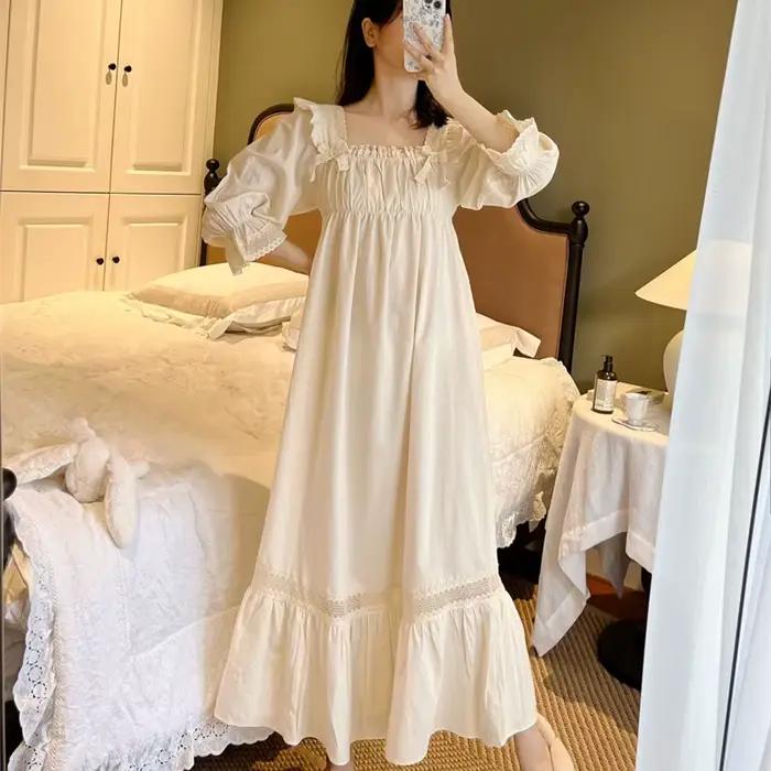 Chemise de nuit brodée vintage à manches longues pour femmes, chemise de nuit confortable, coton doux élégant, nouveau
