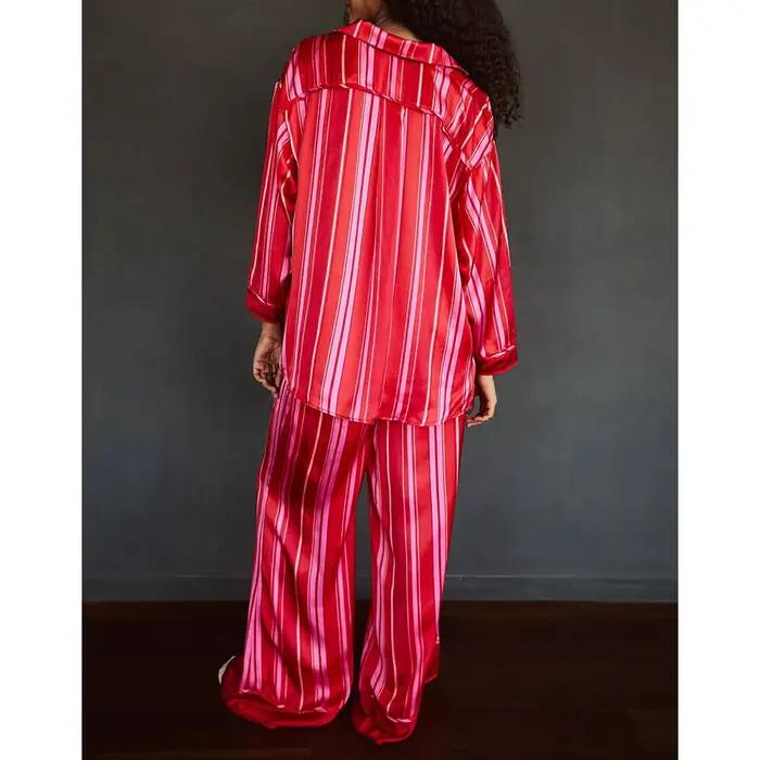 Ensemble pyjama 2 pièces en Satin de soie pour femmes, motif Floral, ample, jambes larges, pantalon de nuit avec chemises boutonnées à manches longues