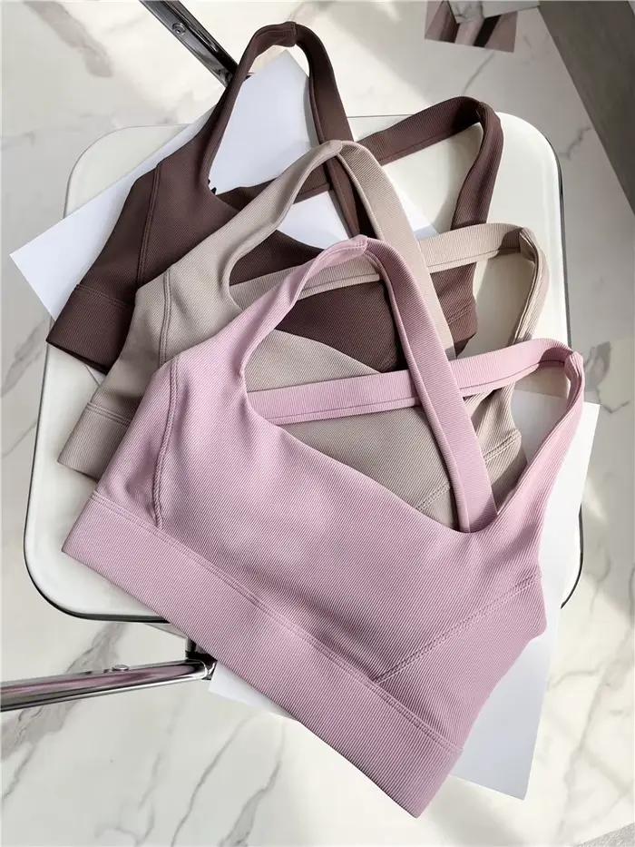 Soutien-gorge de sport croisé, soutien moyen, brossé, gymnastique, Fitness, entraînement, Push Up, avec rembourrage amovible