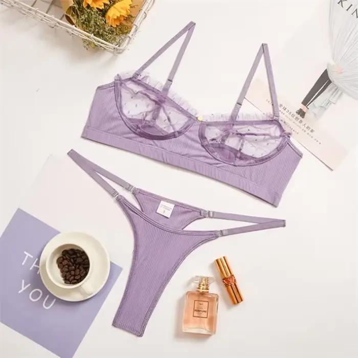 Ensemble de sous-vêtements 2 pièces en dentelle et maille à volants pour femmes, soutien-gorge Transparent, culotte, slip, blanc, Sexy, sans couture
