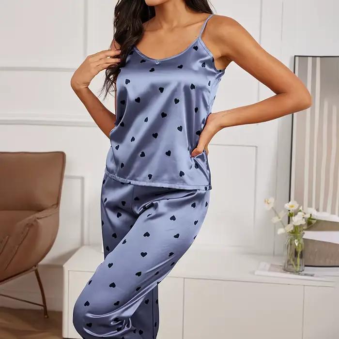 Pyjama imprimé cœur pour femme, haut caraco à col en V sexy, pantalon à ceinture élastique, vêtements de nuit et vêtements de détente pour femme, pyjama 2 pièces
