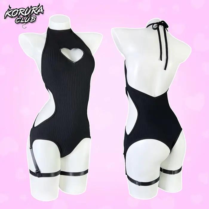 KORURACLUB femme lingerie noire tricot dos nu body corset coeur forme haut sexy egirl combinaison jeu de rôle body