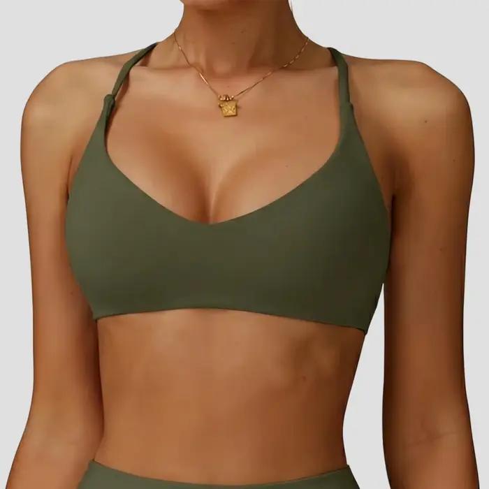 Soutien-gorge de sport à maintien élevé pour femme, sous-vêtement de gym push-up, dos croisé, crop top de yoga, course, entraînement, fitness, pilates, couleur unie