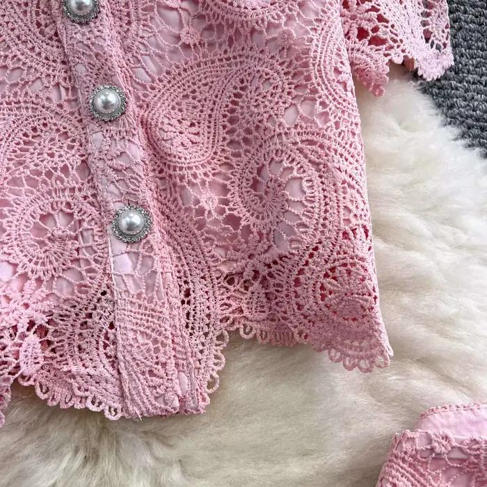 Robe longue élégante en perles pour femmes, ensemble 2 pièces, chemise en dentelle brodée de fleurs, manches courtes, jupe mi-longue trapèze, été