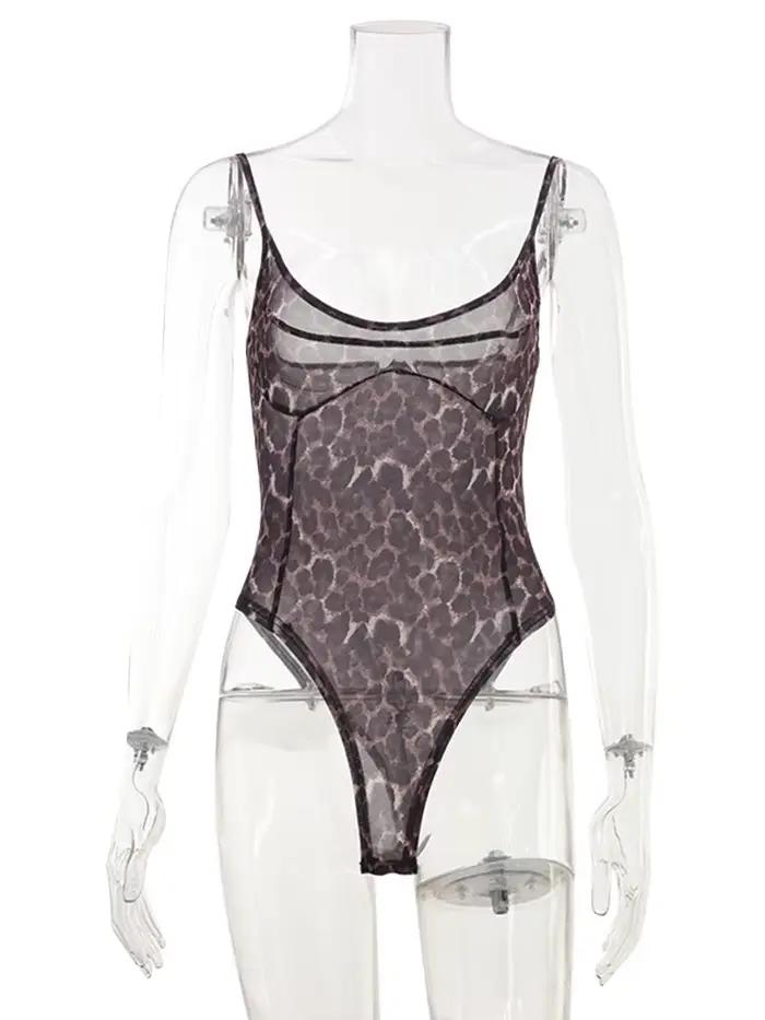 Body léopard en maille pour femmes, mode Sexy, Streetwear, bretelles, sans manches, col Slash, slim, transparent, barboteuse, gaine féminine