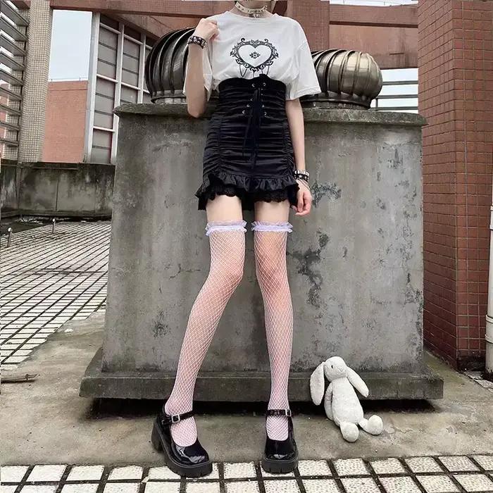 Bas de corps évidés en résille de dentelle sexy pour femmes, cuisse haute sur le genou, chaussettes longues en nylon, bonneterie Anime Lolita, gaze transparente