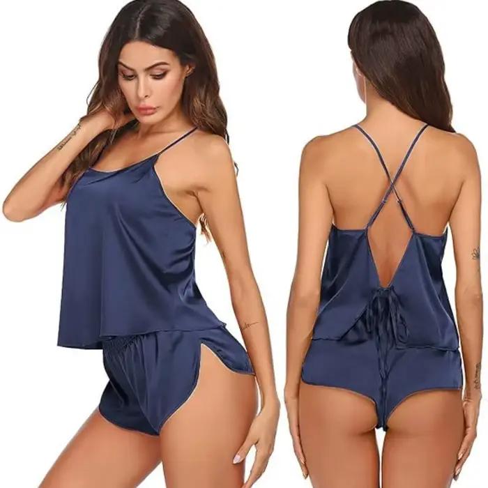 Ensemble pyjama en satin pour femmes, lingerie dos nu, haut et short, vêtements de nuit sexy
