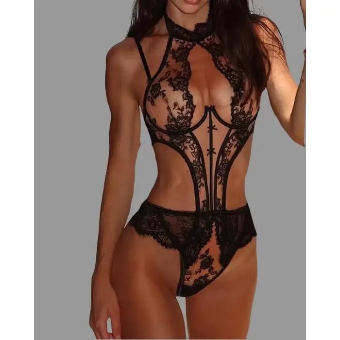 Body séduisant pour femme en dentelle brodée Willowy, style string, une pièce, avec bretelles amovibles, col licou Honey, lingerie ajourée