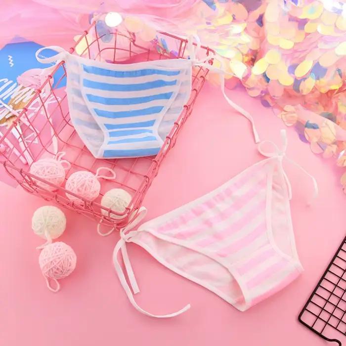AdTosKawaii-Culotte rayée en coton de qualité supérieure pour femme, sous-vêtement, lingerie, bleu, rose et blanc