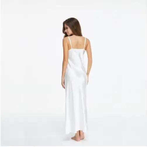 Robes de nuit en dentelle, col en v, blanc, cheville haute, bretelles Spaghetti, longues vêtements de nuit pour femmes, SLA501W