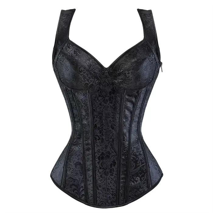 Corset avec Bretelles pour Femme, Noir, Overbust, Floral, Jacquard, Fermeture Éclair, Top, Gothique, Steampunk, Bustier, Grande Taille