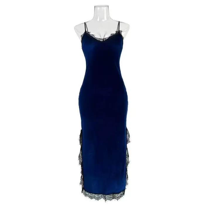 Chemise de nuit pour femme endormie mince vêtements de nuit sexy chemise de nuit printemps été or velours dentelle chemise de nuit femmes longue robe de maison