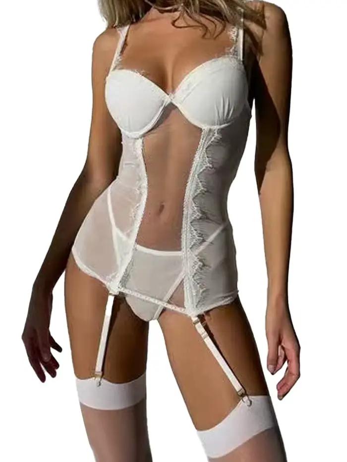 Ensemble de lingerie féminine blanc : Bustier corset sexy, serre-taille avec string, lingerie érotique transparente, babydoll