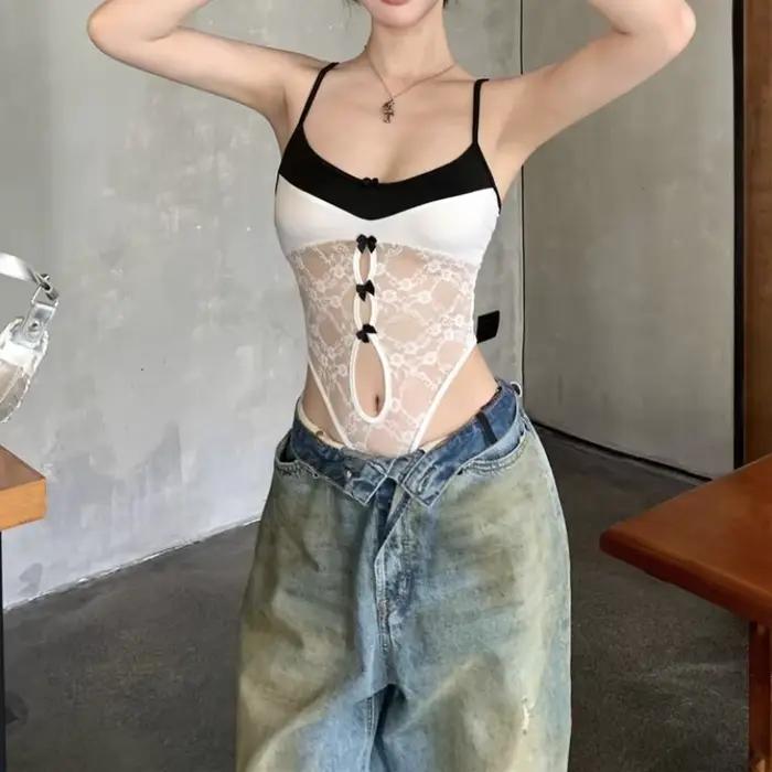 Body en dentelle blanche pour femmes, Camis d'été, Slim, sans manches, Sexy, basique, Slim, haut ajouré