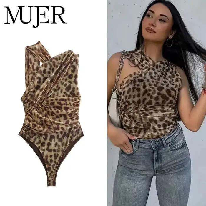 MUJER imprimé léopard Body femmes Tulle noir Sexy Body costumes femme froncé maille Body femmes Sexy tenues combinaisons pour les femmes