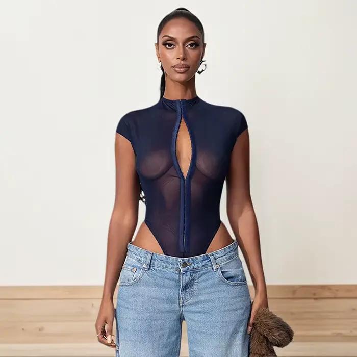 Body Sexy pour femmes, ajouré, fermeture éclair sur le devant, coupe ouverte, mode sans manches, Y2k, à lacets, slim, une pièce, vêtements de plage, été