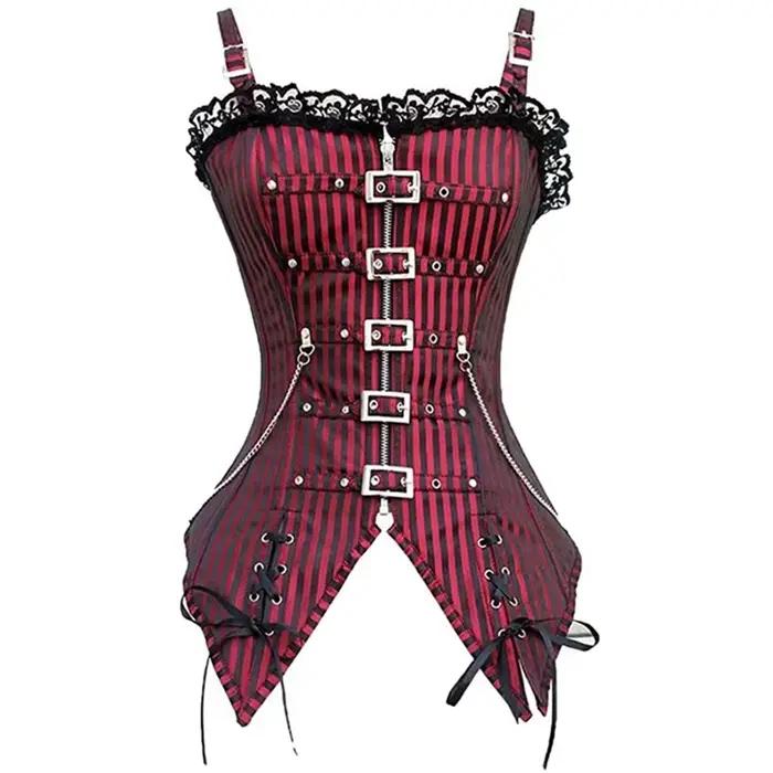 Camisole corset sexy en dentelle pour femmes, coupe basse, fermeture éclair, style punk rock, cosplay, vêtements gothiques, corps saillant, amincissant, haut rayé rouge