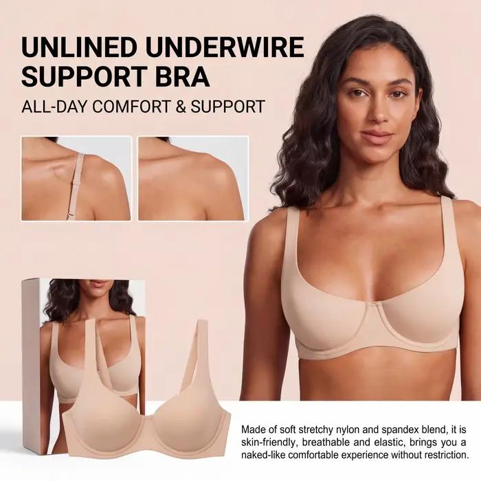 Soutien-gorge sans couture pour femme, sensation seconde peau, avec armatures, sans rembourrage, en nylon, maintien liftant, bretelles larges, soulagement de la pression, confort quotidien