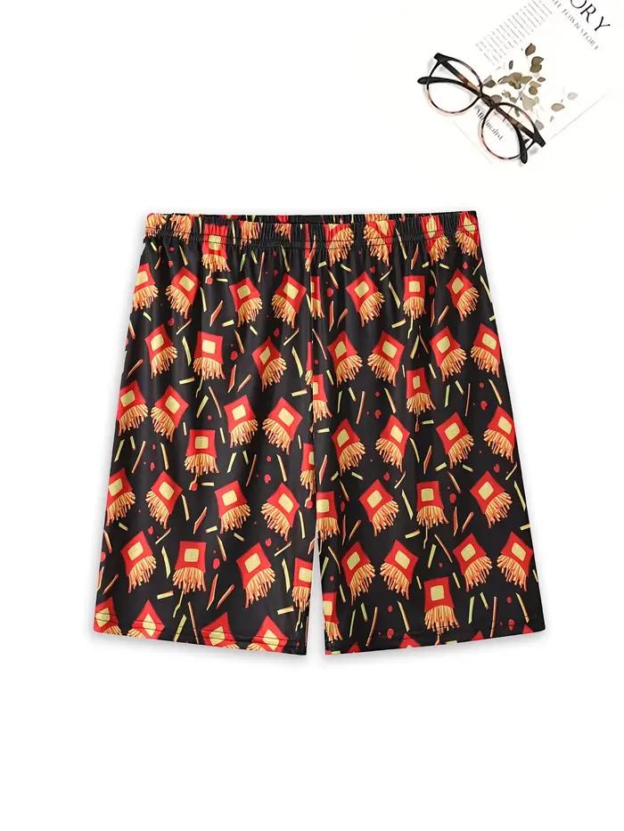 Un ensemble de pyjamas décontractés imprimés avec des motifs de frites, comprenant un short et un t-shirt, vêtements d'été confortables