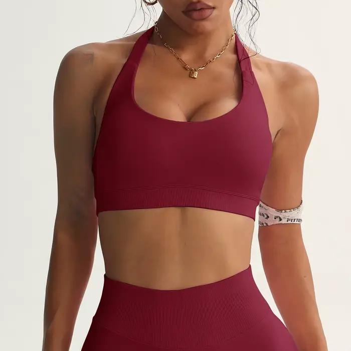 Soutien-gorge de Sport sans couture, col licou, Sexy, dos ouvert, Yoga, rembourré, pour femmes, Fitness, haut de gymnastique, vêtements de Sport