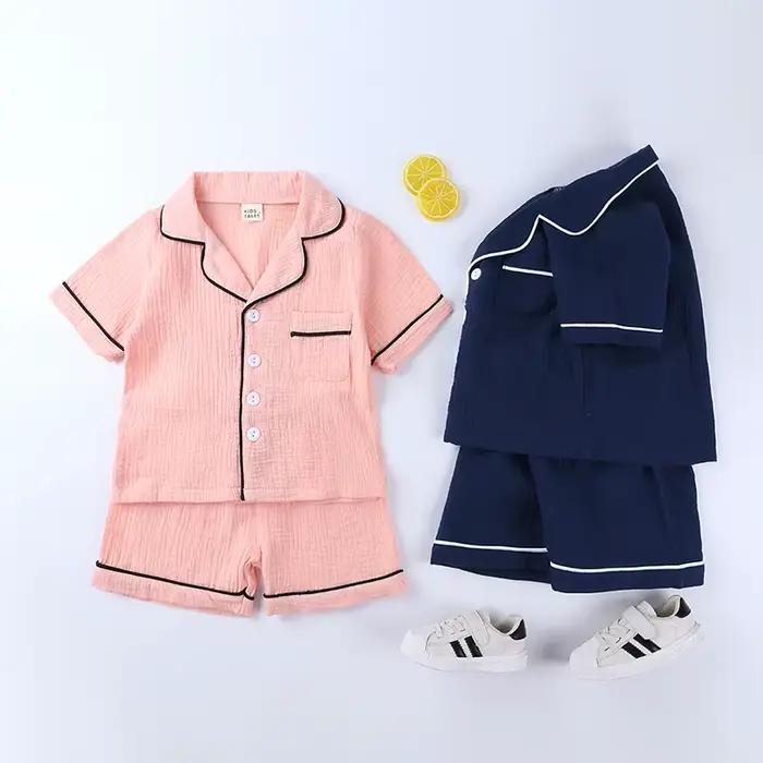 Ensemble pyjama en coton et lin pour enfant, vêtement de nuit doux, couleur pure, 3-8T, chemisier à manches courtes, short Y +