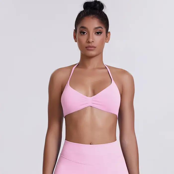 Soutien-gorge de Sport à bretelles pour femmes, haut de soutien, fines bretelles, col licou, sans couture, froissé, débardeur d'entraînement, de Yoga