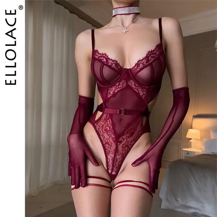 Ellolace Lingerie séduisante pour femme, body élégant en dentelle avec gants, tenue de soirée sexy, costume de mode pour femme audacieuse