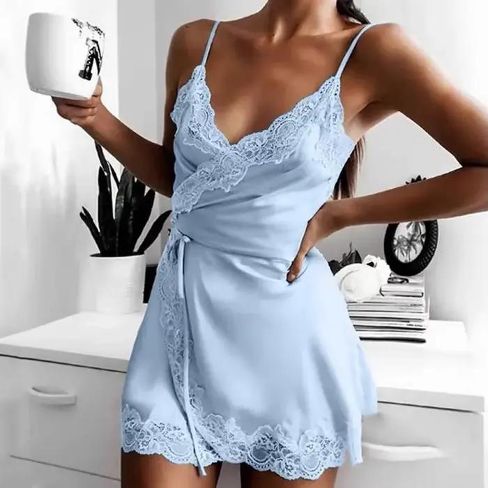 Chemise de nuit femme été dames confort lingerie sexy vêtements de nuit soie Satin dentelle Mini pyjama ensembles sexy adulte robe chemise de nuit