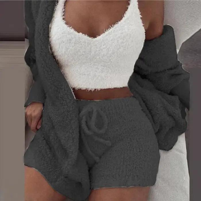 Ensemble pyjama moelleux pour femmes, vêtements de nuit décontractés, débardeur et short, grande taille, sweat à capuche, loisirs, hiver, 3 pièces