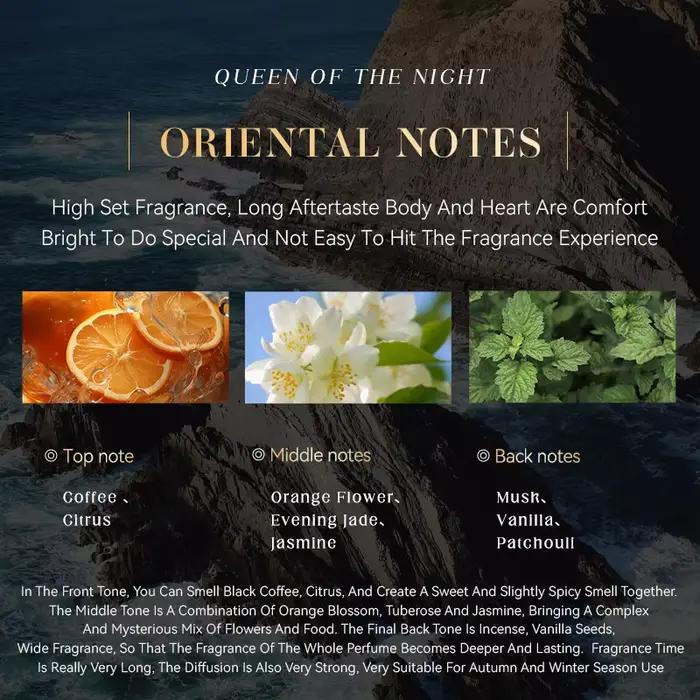 Parfum pour femme Midnight Queen 100 ml, parfum longue durée, parfum oriental élégant avec notes de café, agrumes, tubéreuse, jasmin, vanille, musc