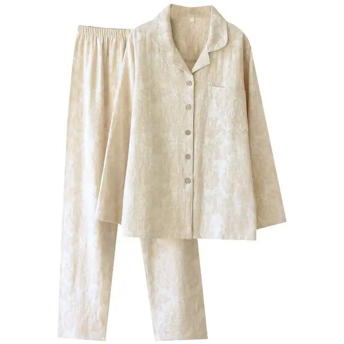 Ensemble de pyjama jacquard pour couples, vêtements de nuit en coton et lin texturé, style minimaliste japonais, ensemble de vêtements de détente 2 pièces pour hommes et femmes