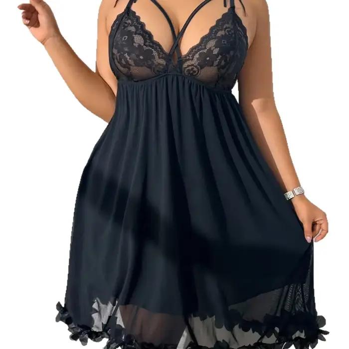 Chemise de nuit sexy en dentelle grande taille, col en V, en maille transparente, vêtements de nuit pour femmes, confortables, respirants, décontractés, pour la maison