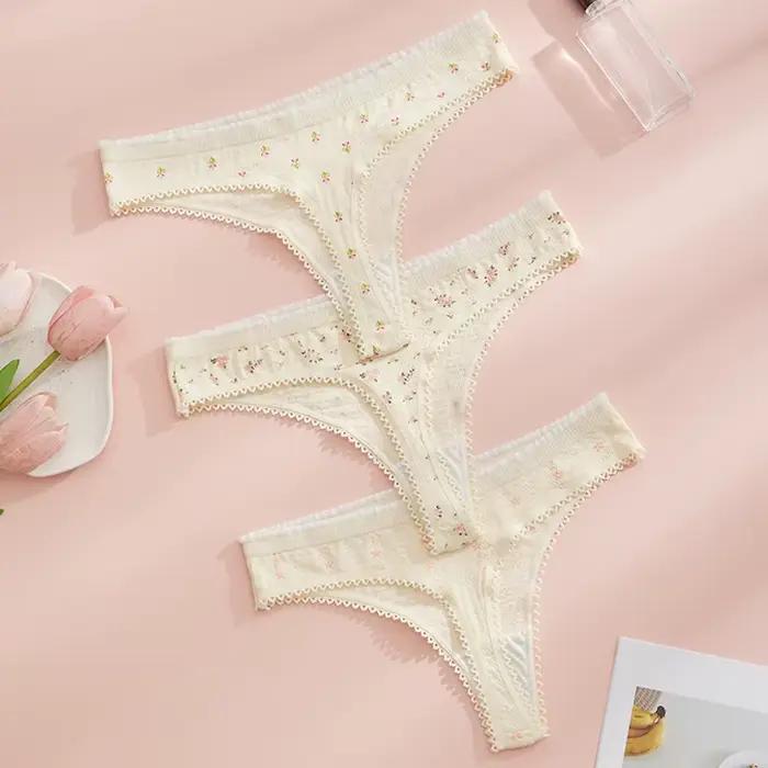 3 pièces mode mignon imprimé culottes pour femmes tongs coton printemps été doux lingeries Sexy nœud chaud femmes string