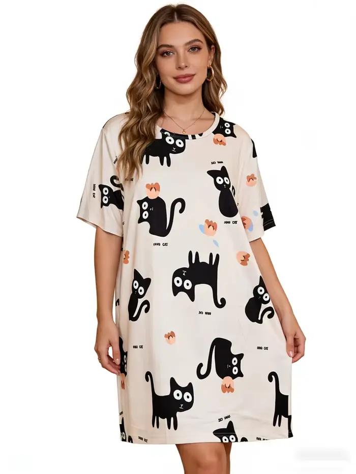 Chemise de nuit pour femmes, imprimé chat noir, ample, grande taille, robe courte d'été, chemise de nuit sexy pour femmes, vêtements de nuit pour filles