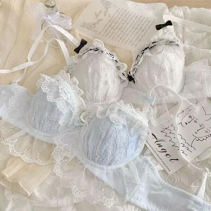 Soutien-gorge Sexy Lolita ensemble de soutien-gorge petits seins rassemblés sans anneau en acier soutien-gorge Sexy couleur unie désir dentelle doux tempérament ensemble de soutien-gorge