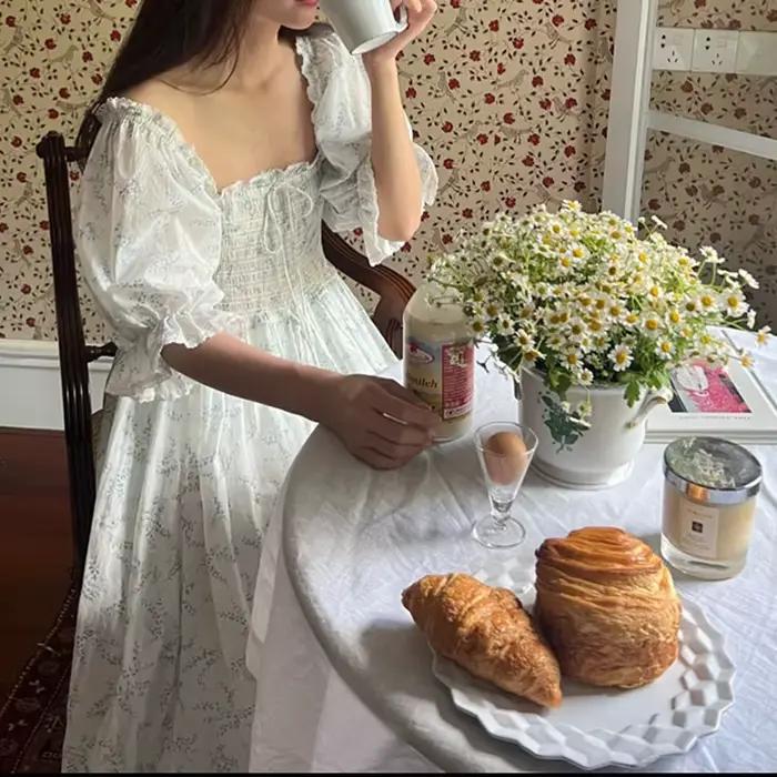 Chemise de nuit d'été à manches courtes, imprimé doux, col carré français, princesse Victoria, 100% coton, nuisette féerique fine