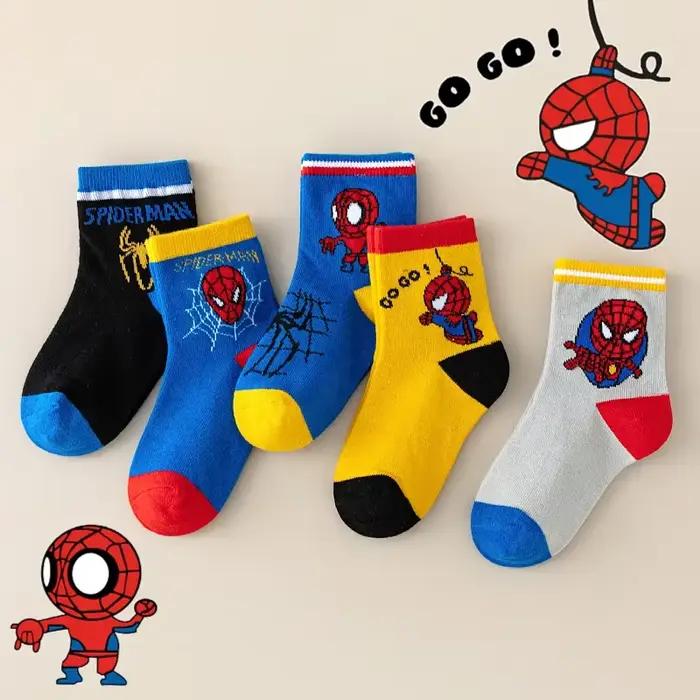 5 paires de chaussettes Spiderman pour enfants, chaussettes douces Kawaii, chaussettes Anime pour enfants, chaussettes pour garçons, chaussettes mi-hautes, chaussettes de dessin animé pour bébés de 1